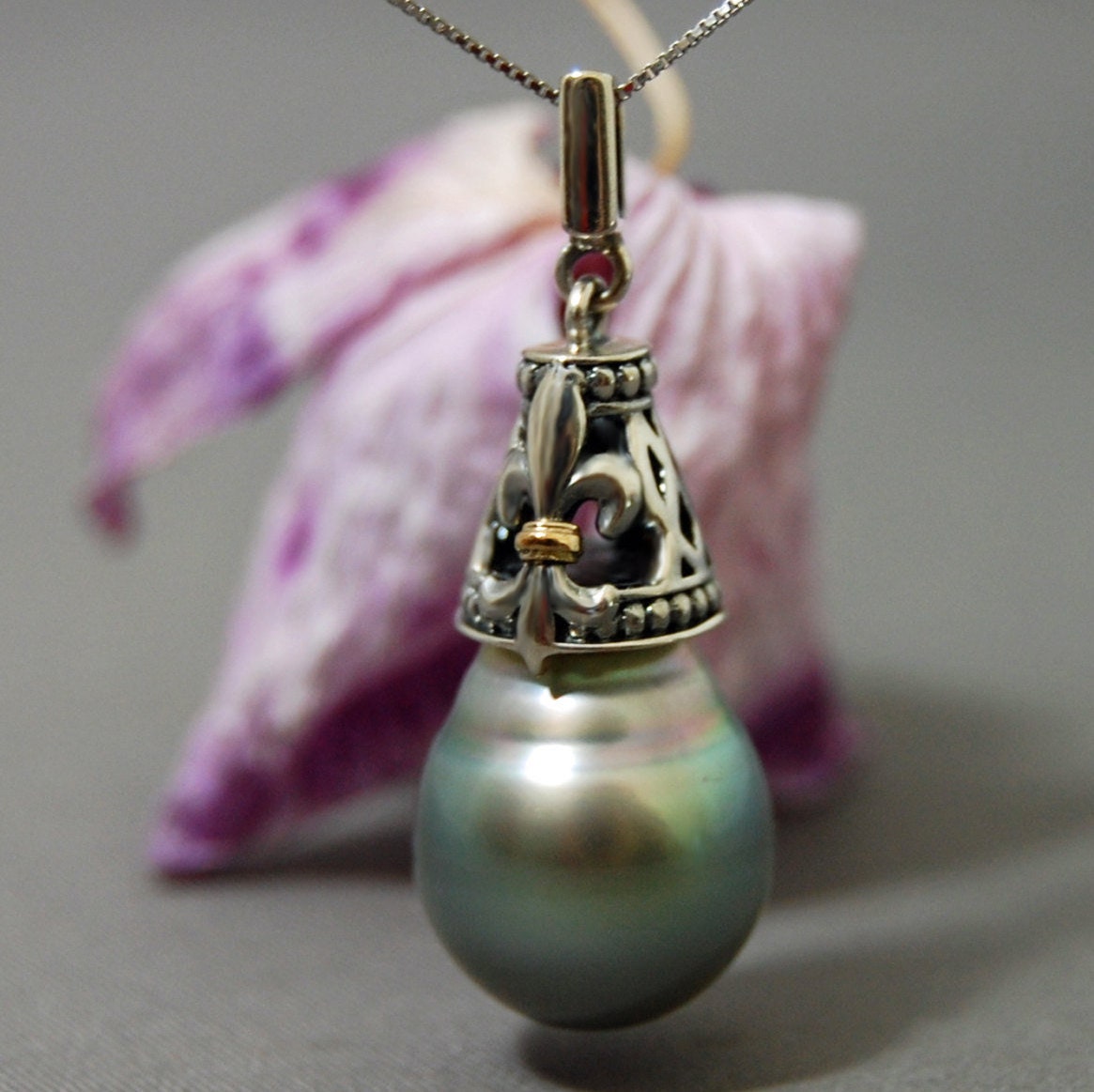 Margaux - Silver Tahitian Pearl Fleur de Lis Pendant, 14kt Gold Accents, Sterling Silver, FREE SHIP US