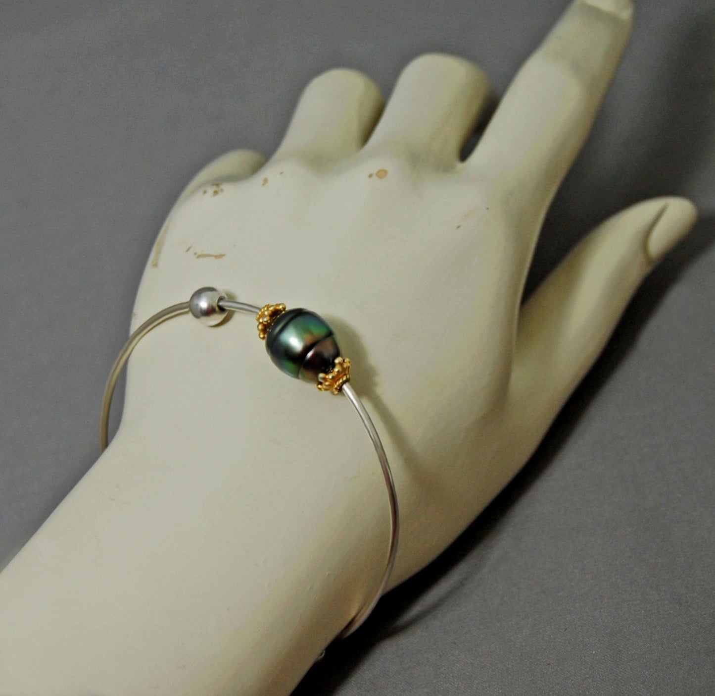 Lola - Pearl Bangle Bracelet Features Tahitian Pearls set on Argentium® Silver with Free Moving Accents, FREE SHIPPING US