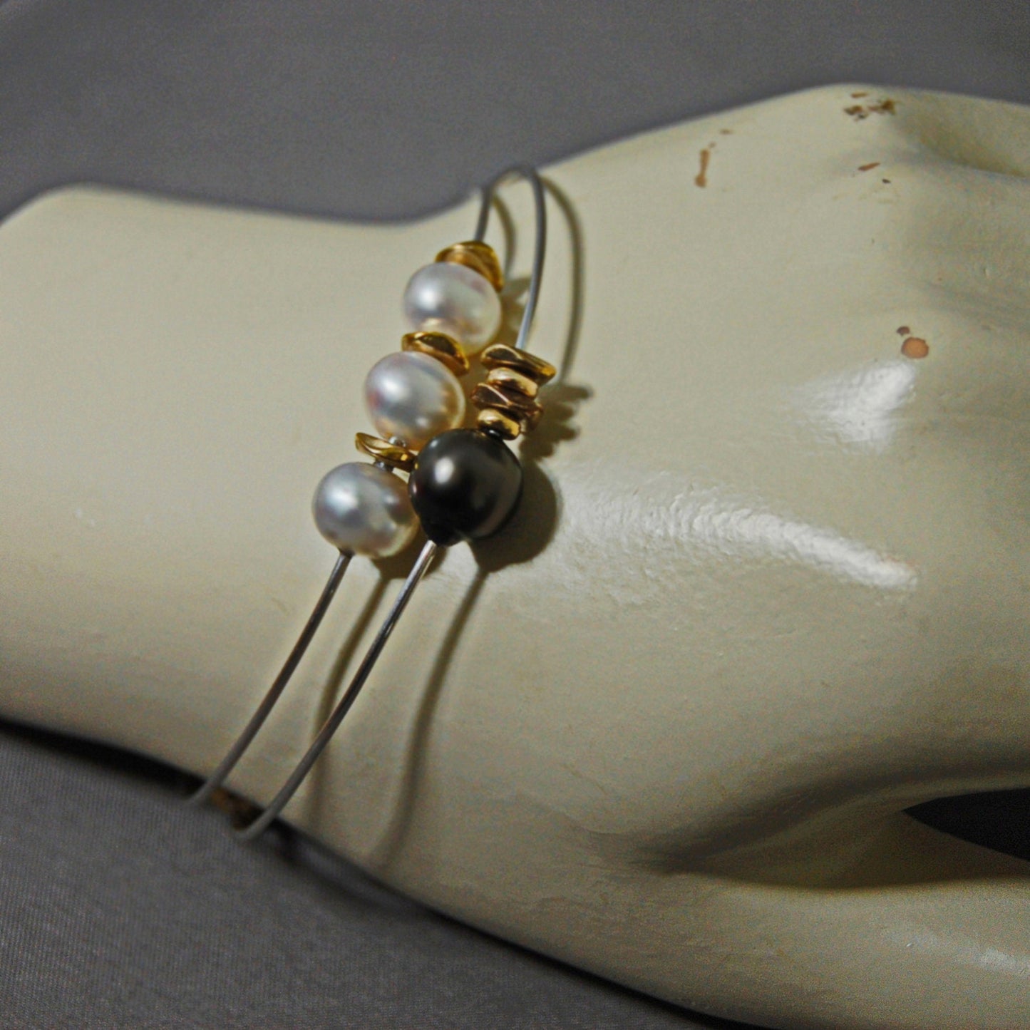 Lilith - Sterling Silver & Tahitian Pearl Bangle Bracelet with African Brass Beads. Free Shipping US.
