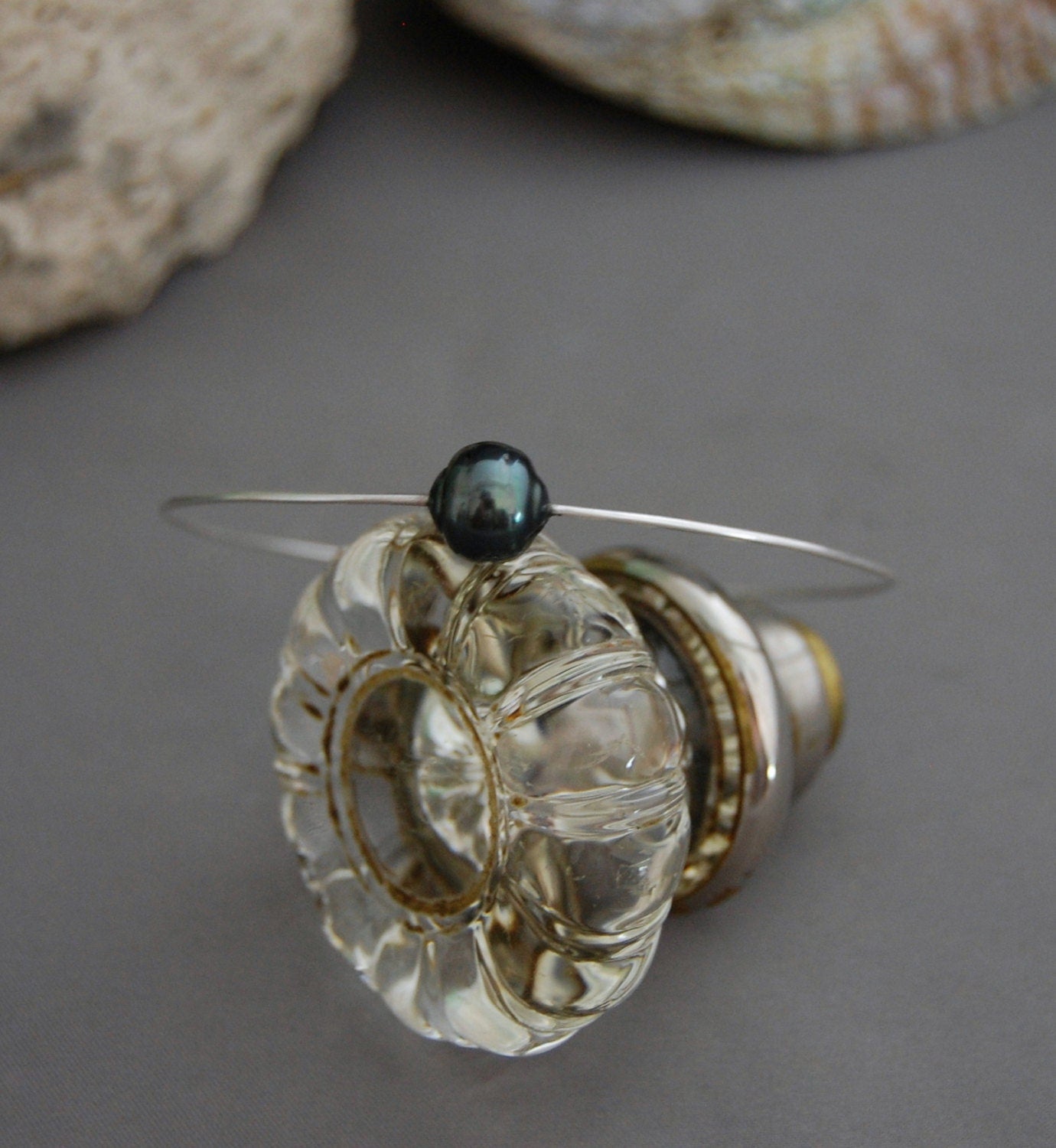 Elle - Pearl Bangle Features a Black Tahitian Pearl and Sterling Silver, FREE SHIPPING US