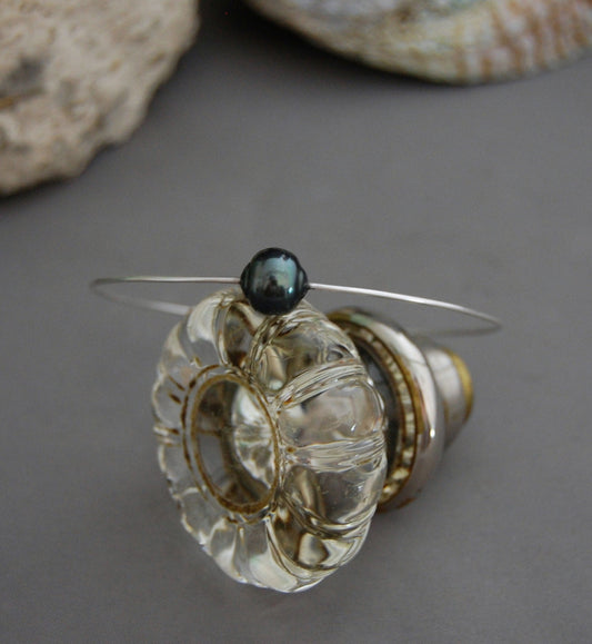 Elle - Pearl Bangle Features a Black Tahitian Pearl and Sterling Silver, FREE SHIPPING US