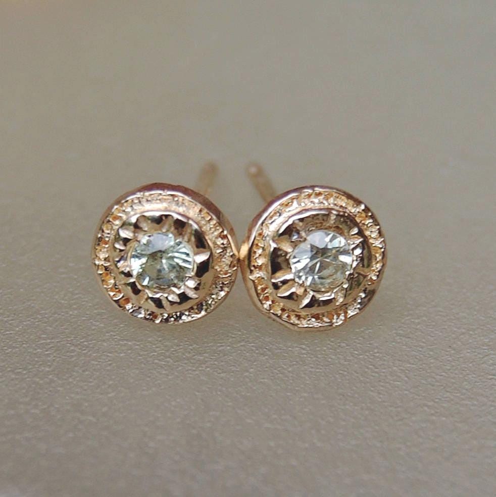 Beril - Sapphire Button Stud Earrings in Solid 14k Gold, Free Shipping US.