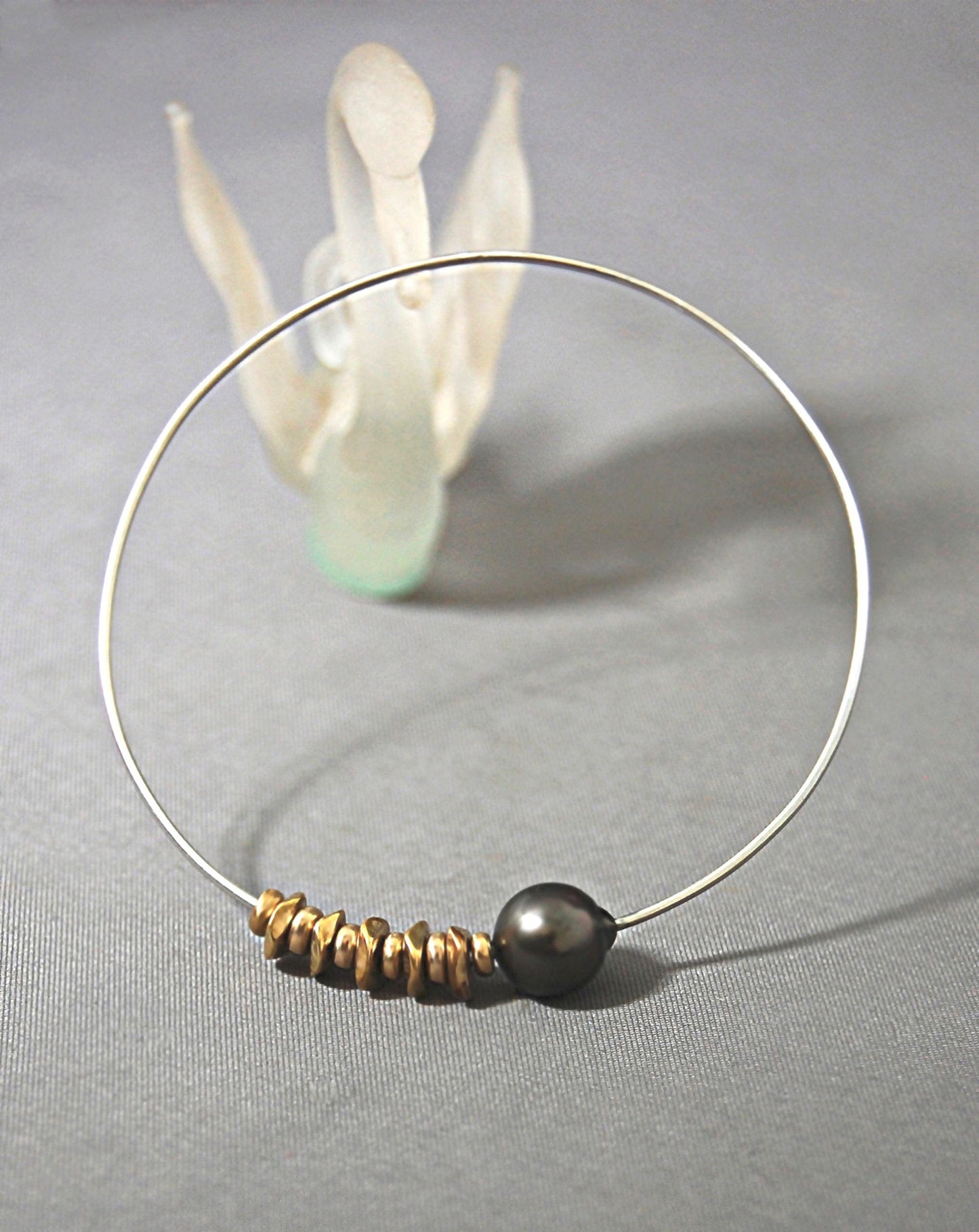 Lilith - Sterling Silver & Tahitian Pearl Bangle Bracelet with African Brass Beads. Free Shipping US.