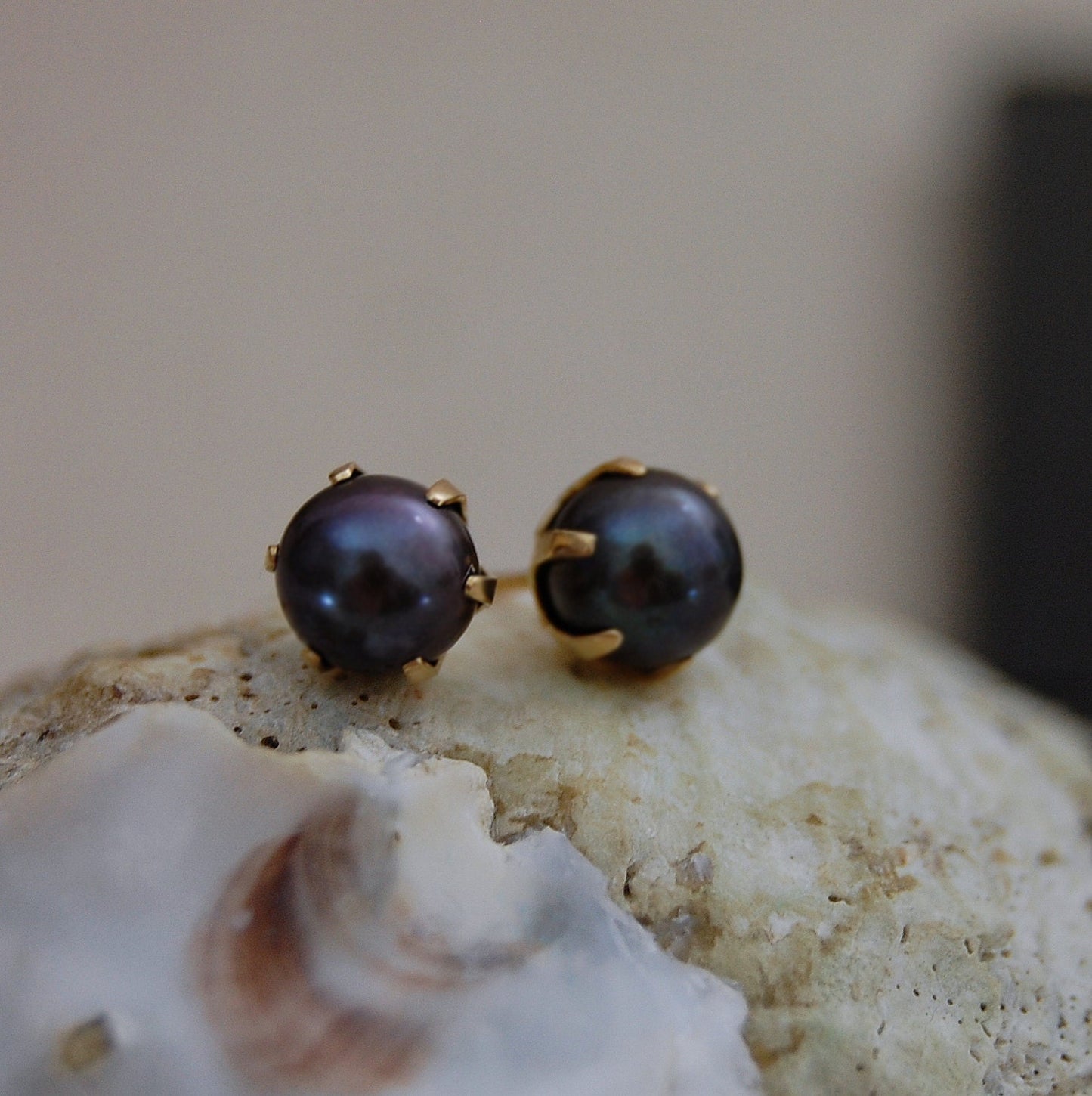 Rajani - Black Pearl Stud Earrings, Dainty, Solid 14k Yellow Gold. FREE SHIPPING US
