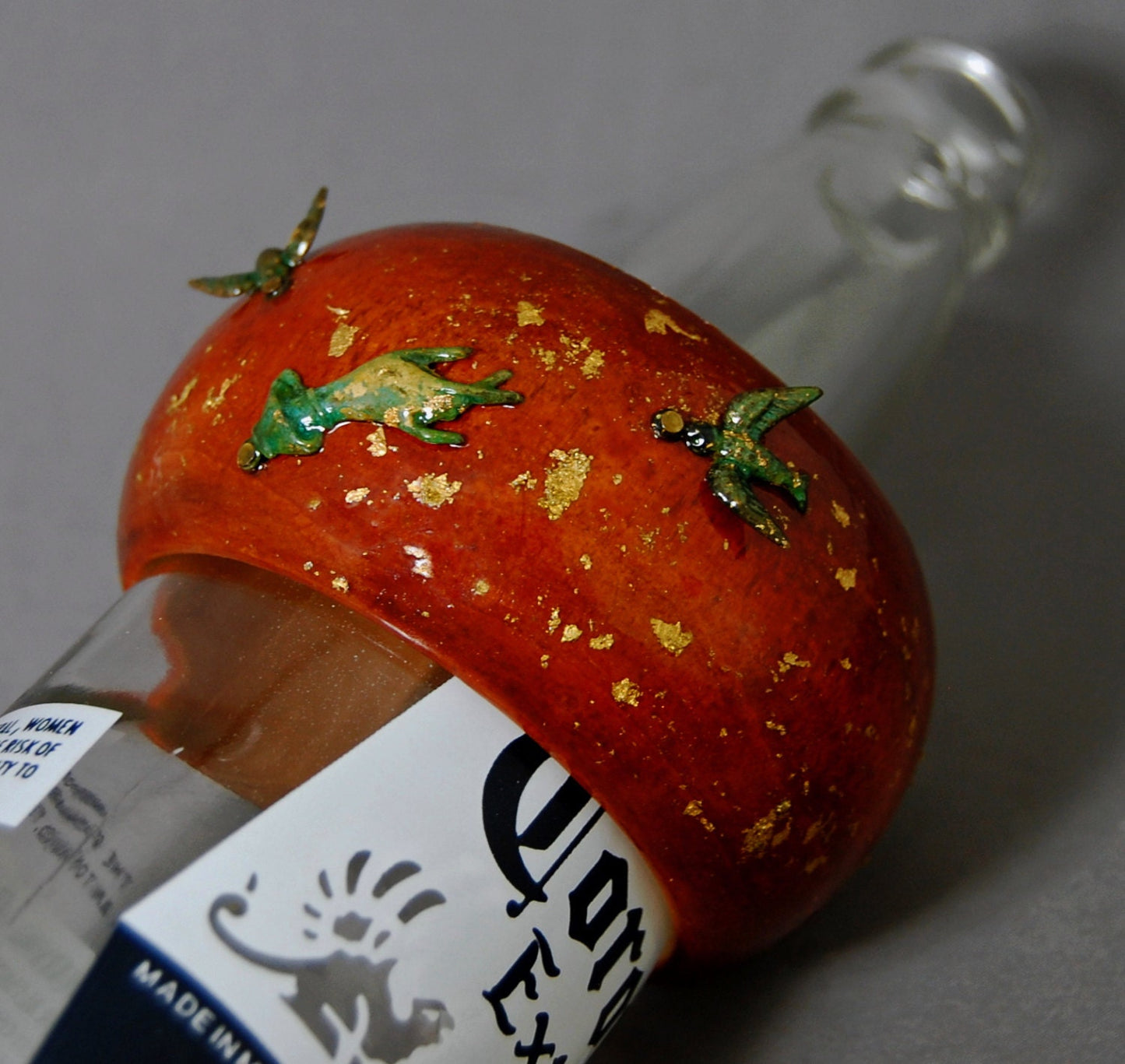 Nadia - Handmade Wooden Bangle Cuff Bracelet with Brass Birds and Gold Flakes, FREE SHIP US