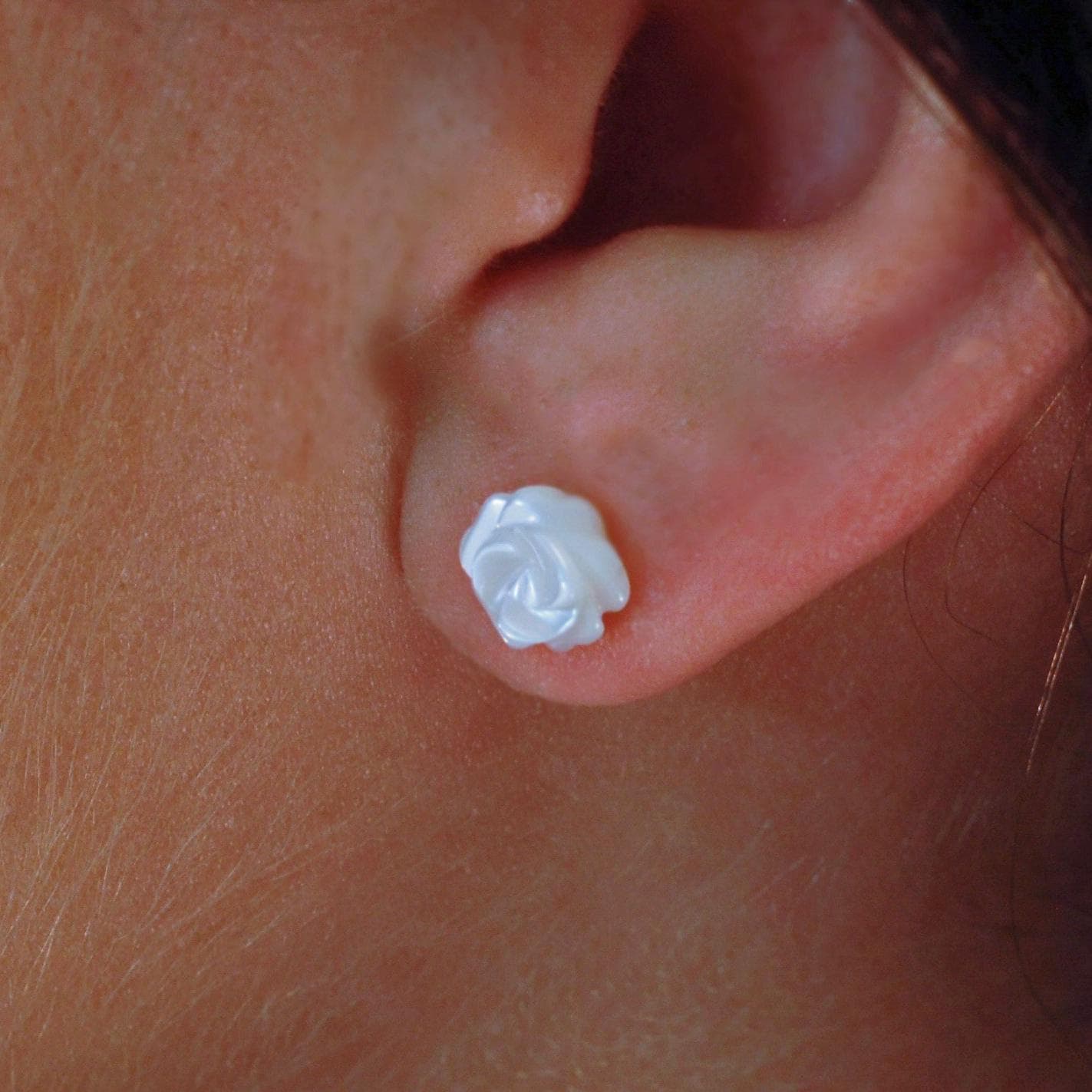 Marie - Mother of Pearl Rose Stud Earrings Hand Carved Vintage 14k Gold