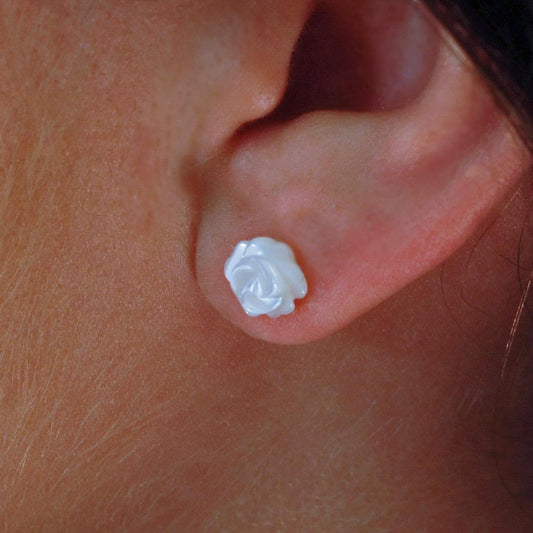 Marie - Mother of Pearl Rose Stud Earrings Hand Carved Vintage 14k Gold