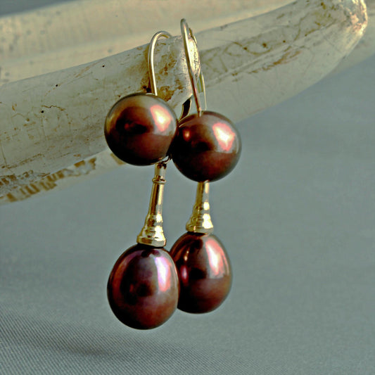 Elaine - Pearl Dangle Earrings Set in 14kt Gold Lever Backs. FREE SHIPPING US