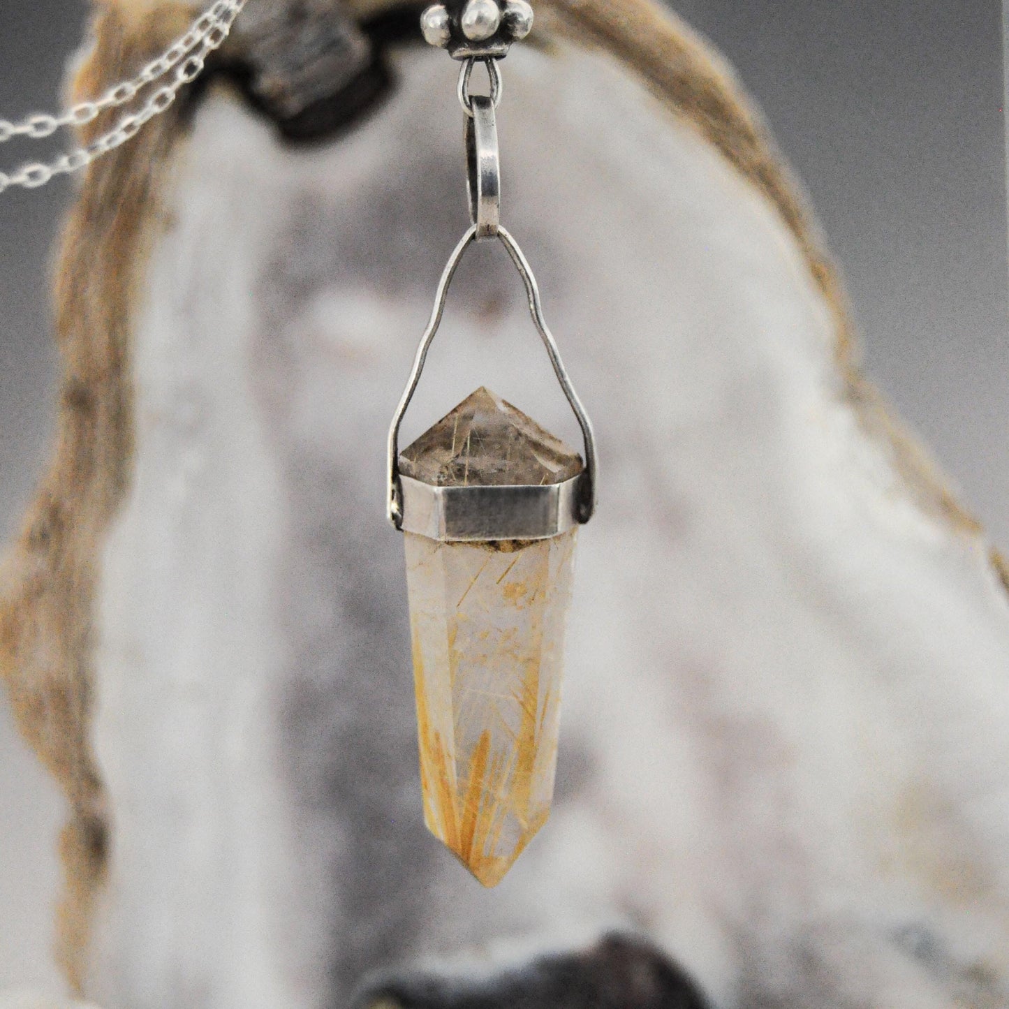 Ose -  Vintage Rutilated Crystal Quartz Pendant - Double Pointed Beauty for Crystal Lovers.