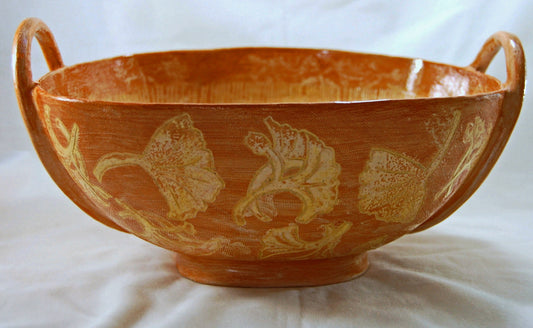 Provencal Ginkgo - Large handmade bowl with sgraffito drawings and added strap handles with a Ginkgo leaf motif. Free shipping US.