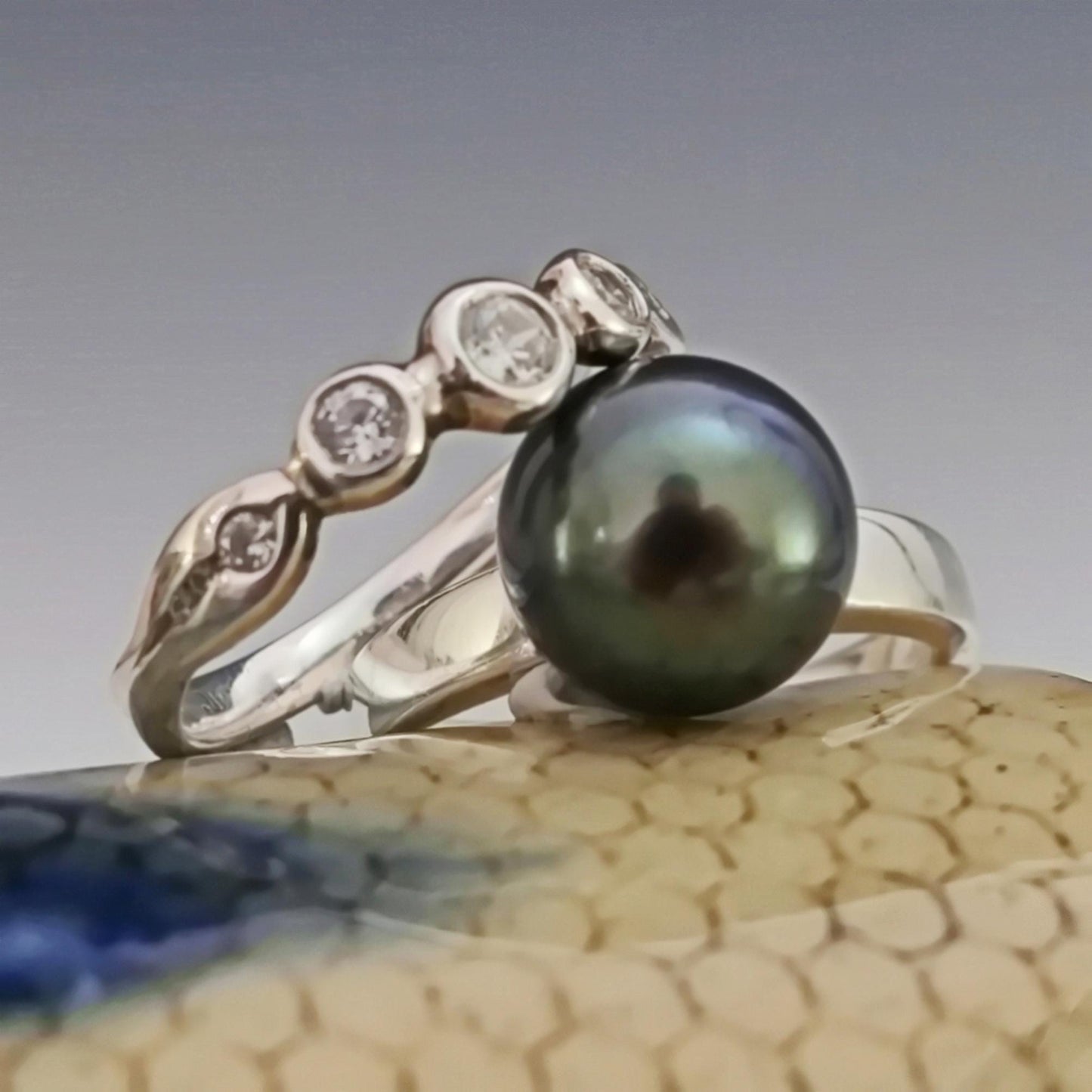 Mai - Elegant Black Tahitian Pearl Ring Set in Solid Sterling Silver with Rhodium Plating, Tarnish Free.  Free Shipping within the US.