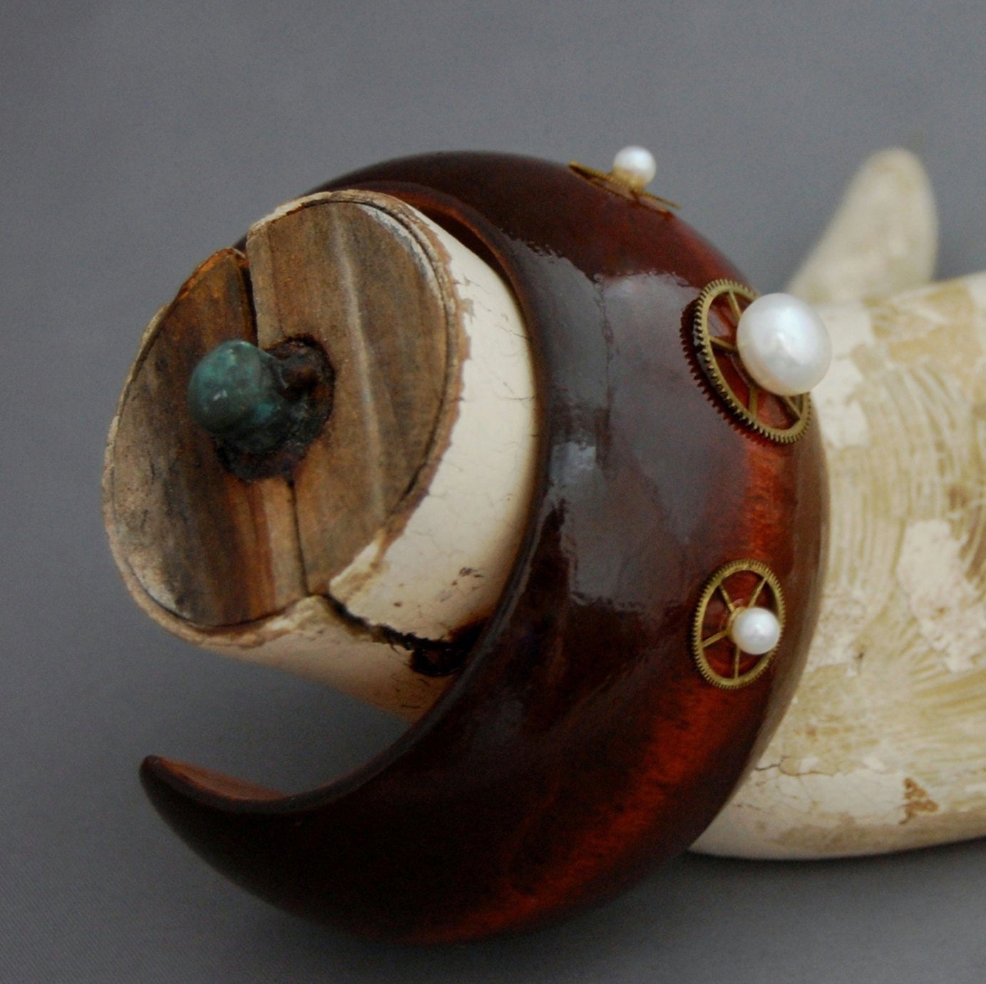 Maren - Unique Handmade Wooden Cuff Bracelet Featuring Pearl and Repurposed Watch Gear Accents, FREE SHIP US
