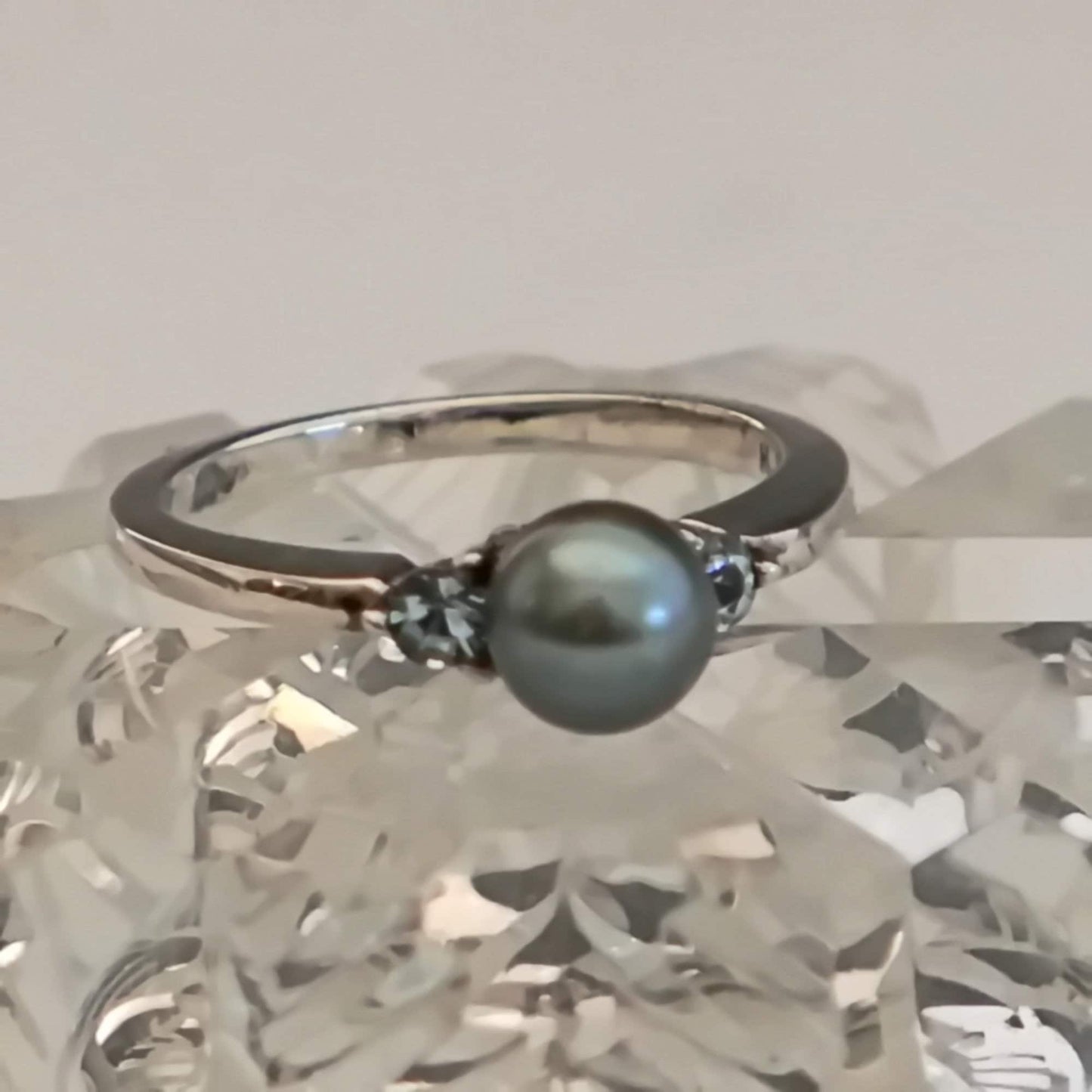Miri - Akoya Pearl Engagement Ring, Aquamarine gemstones, Continuum® Sterling Silver, Free Ship US