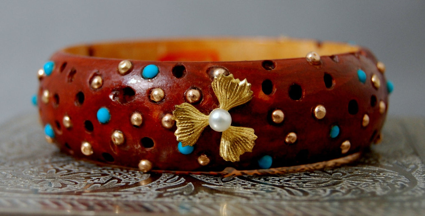 Magnolia - Handmade Wooden Boho Bangle with Turquoise, Gold and Pearl Flower Accents, FREE SHIP US