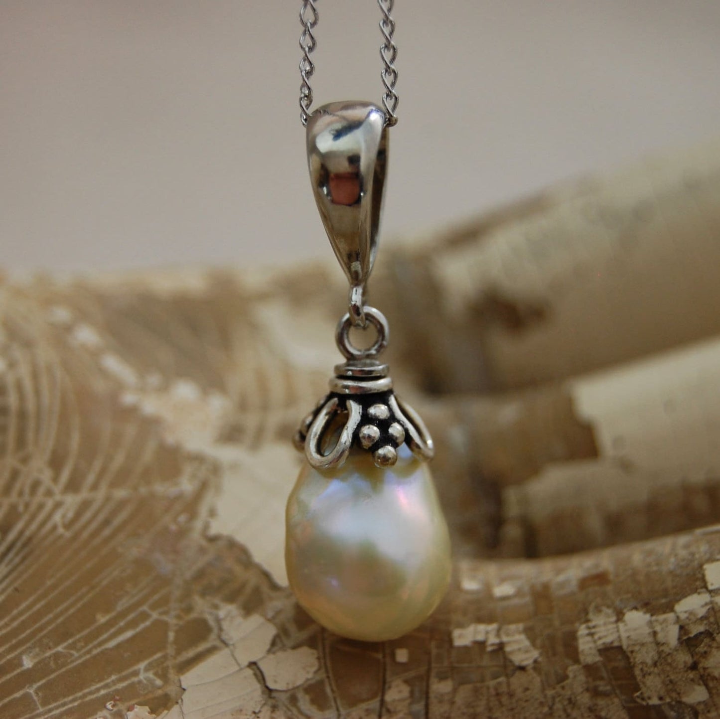 Perla - Freshwater Cream Nucleated Pearl Pendant Necklace, Solid Sterling Silver, FREE SHIP US