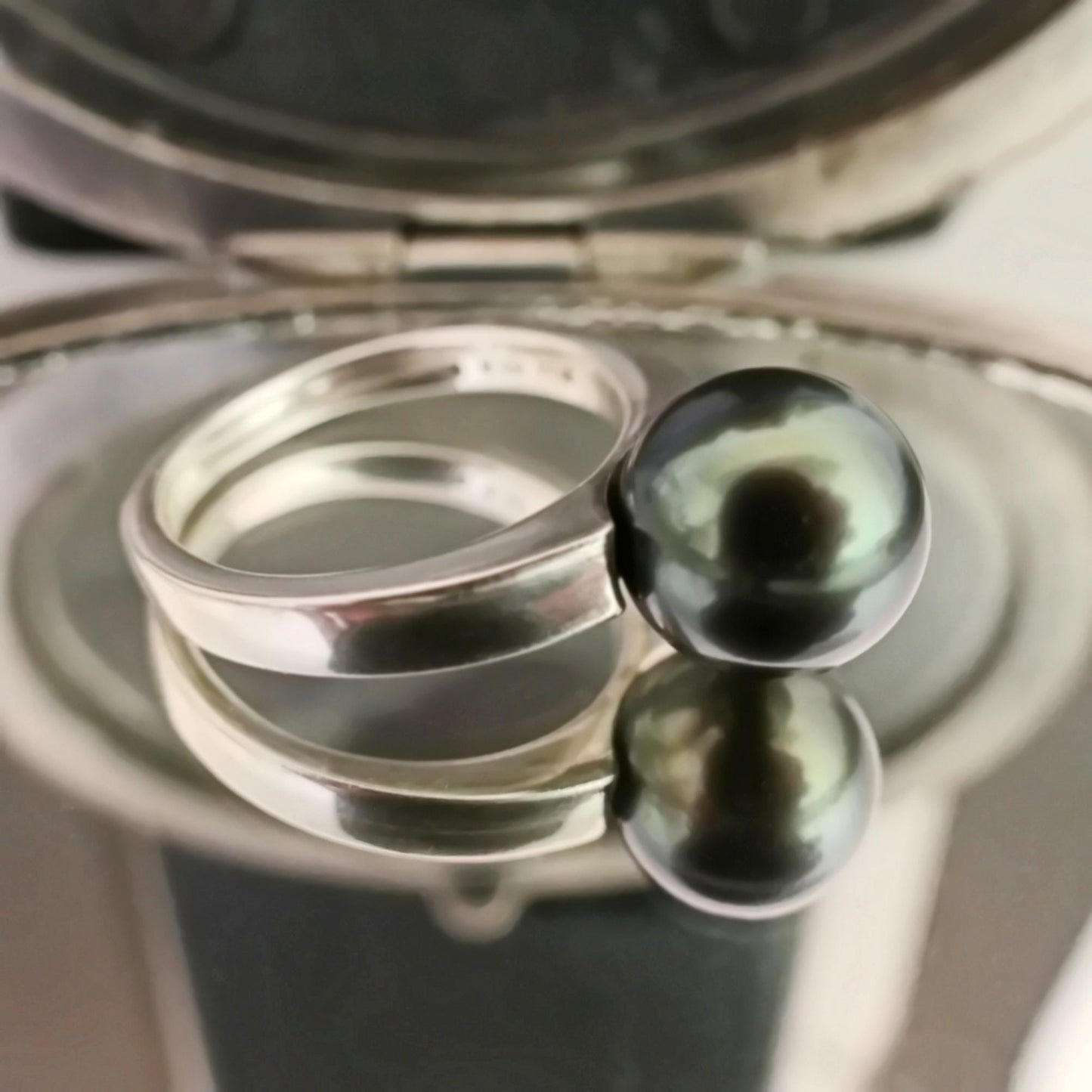 Mai - Elegant Black Tahitian Pearl Ring Set in Solid Sterling Silver with Rhodium Plating, Tarnish Free.  Free Shipping within the US.