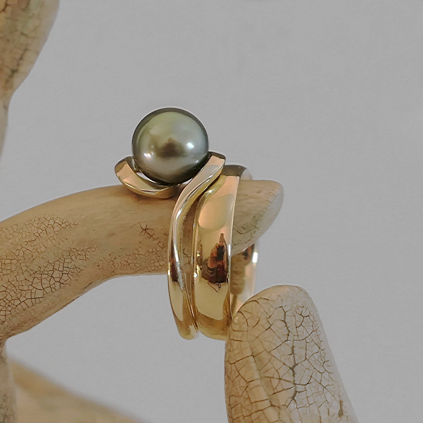 Laxmi - Luxurious Natural Colored Peacock Tahitian Pearl Solitaire Engagement Ring Set in Solid 14kt Yellow Gold. Free Shipping in US