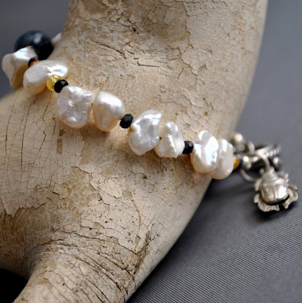 Terzah- Boho Keshi Pearl and Sapphire Bracelet with Detailed Scarab Beetle Charm. FREE SHIP US