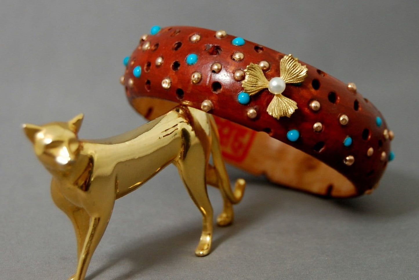 Magnolia - Handmade Wooden Boho Bangle with Turquoise, Gold and Pearl Flower Accents, FREE SHIP US