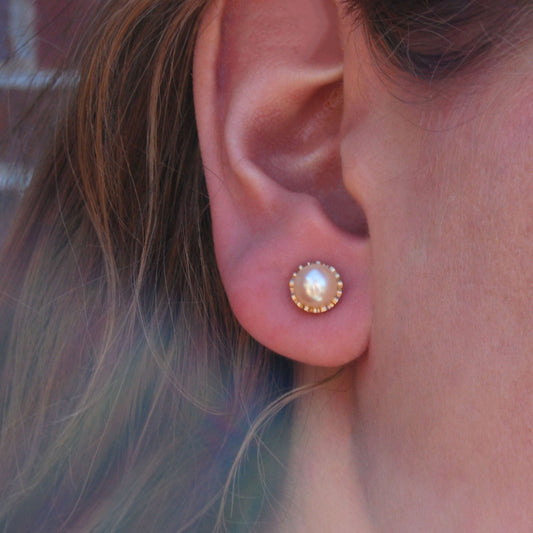 Grace - Pearl Stud Earrings, 14kt Gold Filigree, FREE SHIP US
