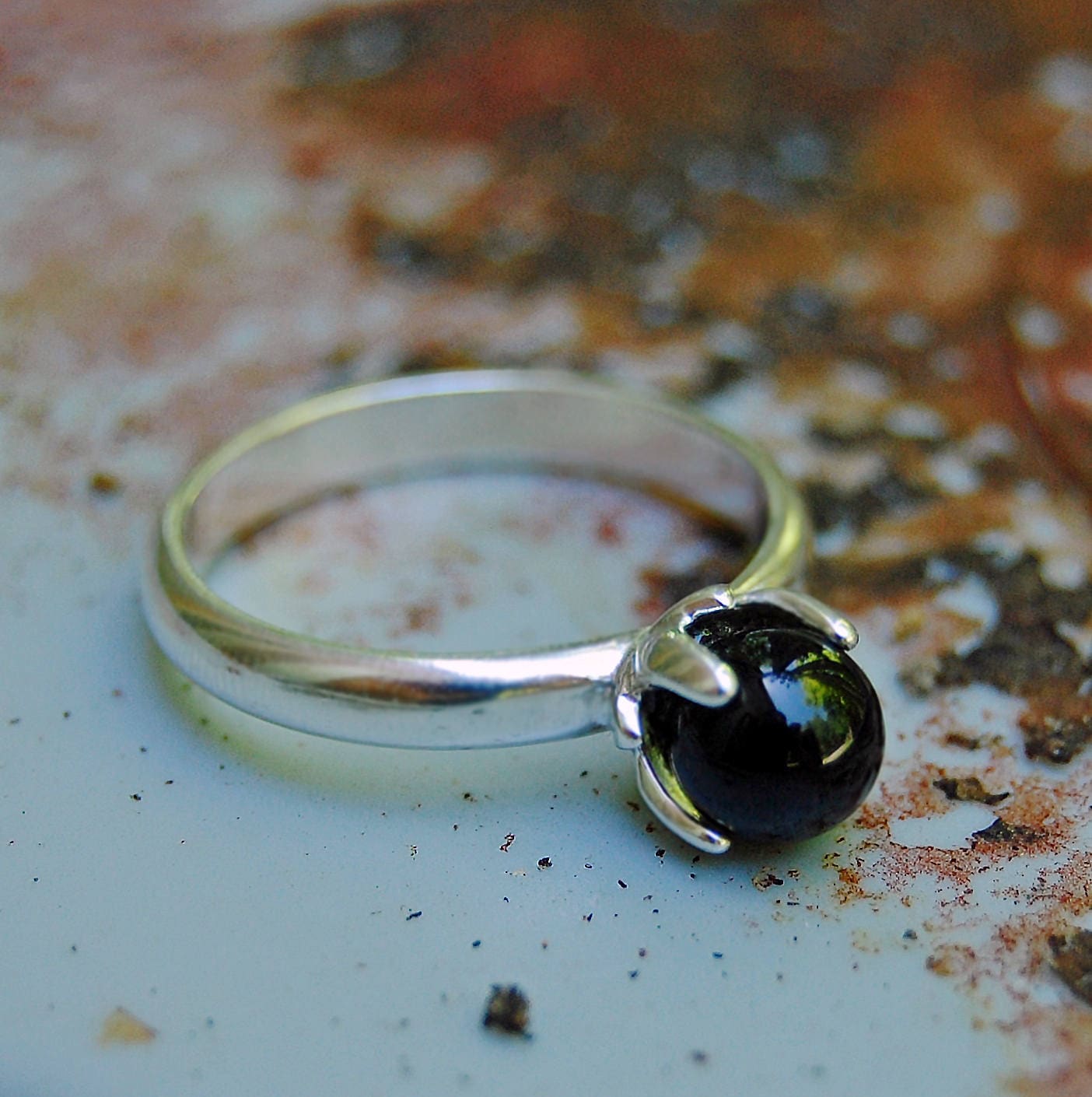 Asima - Black Onyx Ring Set in a Solid Easy Care Argentium® Silver Flower Setting. Solitaire Ring, Stacking Ring, Friendship Ring.