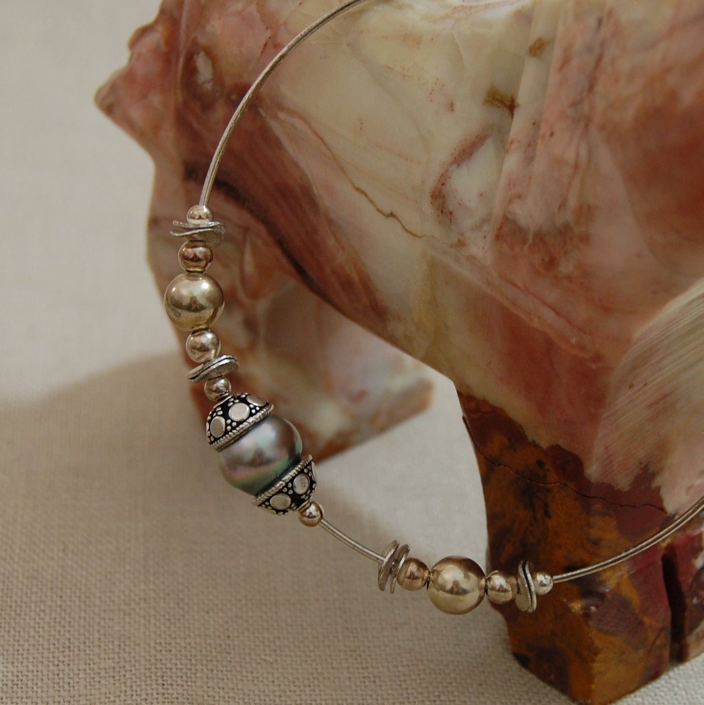 Jonina - Tahitian Pearl Bangle Bracelet, Argentium® Sterling Silver