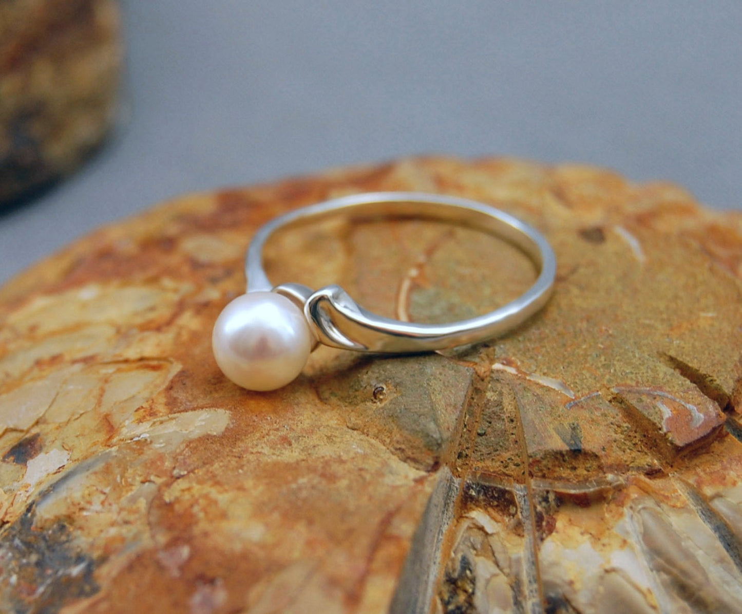 Devika CW - Akoya Pearl Engagement Ring, Promise or Wedding Ring in a Solid Continuum Silver, FREE SHIP