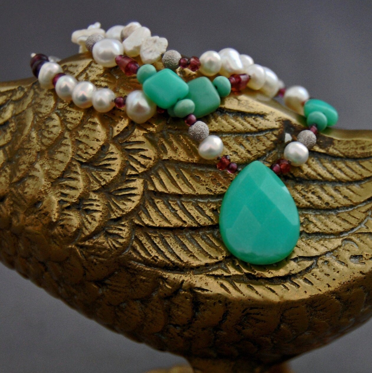 Midori - Gemstone / Pearl Statement Necklace Sterling Silver White Gold