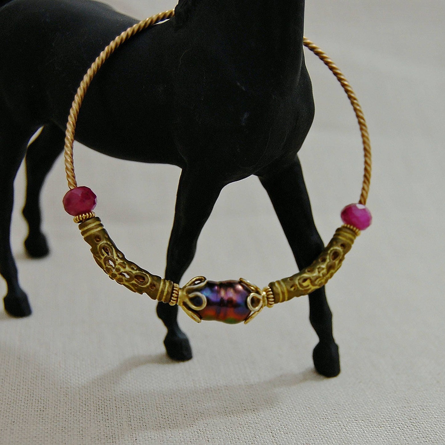 Elspeth - Vintage Pearl Sapphire Bronze Bangle, Peacock Pearls, Pink Sapphires, FREE SHIPPING US