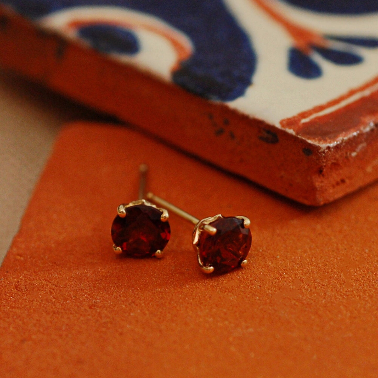 Nakhti - Garnet Stud Earrings Feature Richly Colored Garnet Gemstones Set in Solid 14kt Yellow Gold, FREE SHIP US