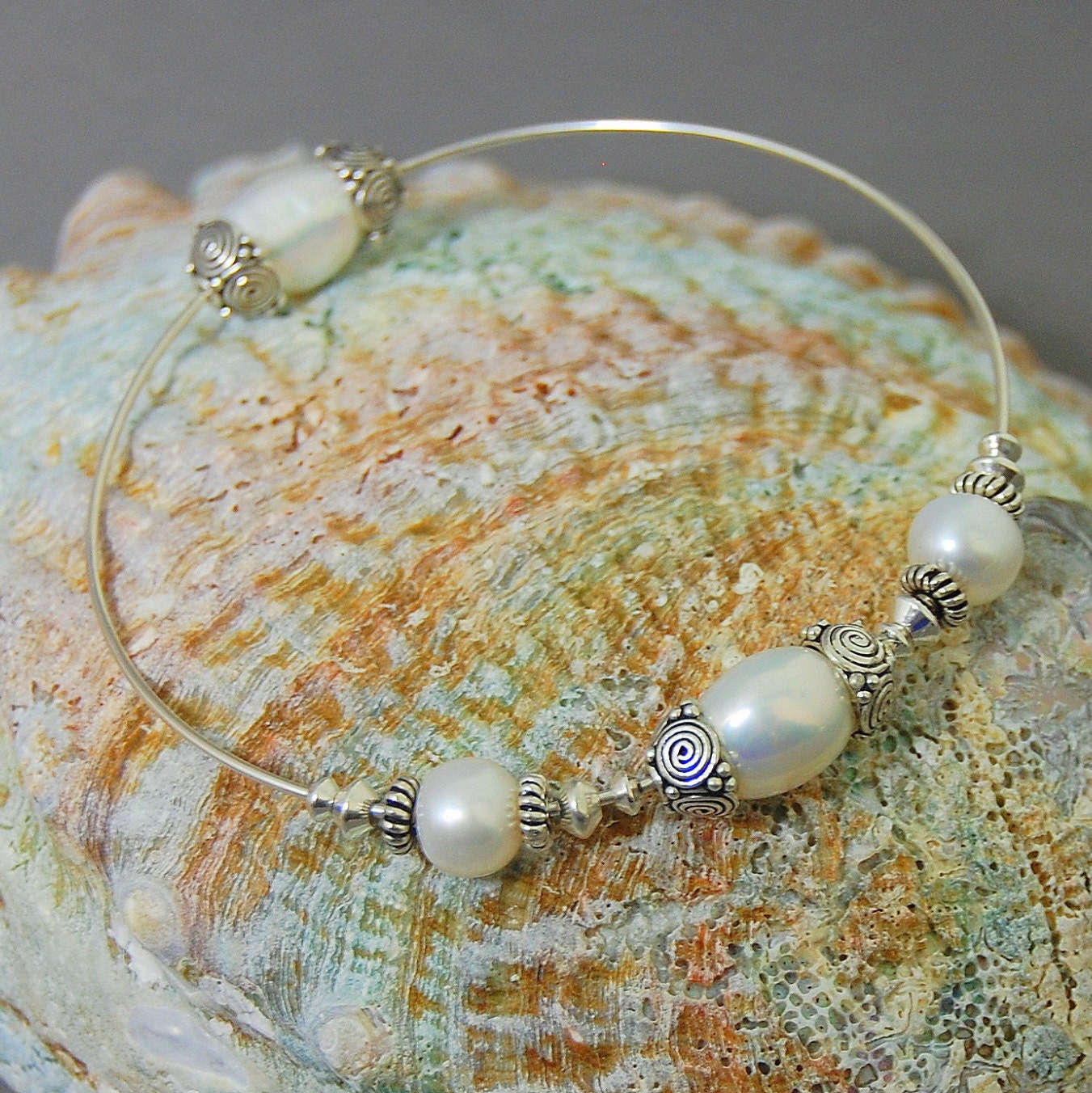 Maria - White Freshwater Pearl Wedding Bangle, Argentium® Silver, FREE SHIP US