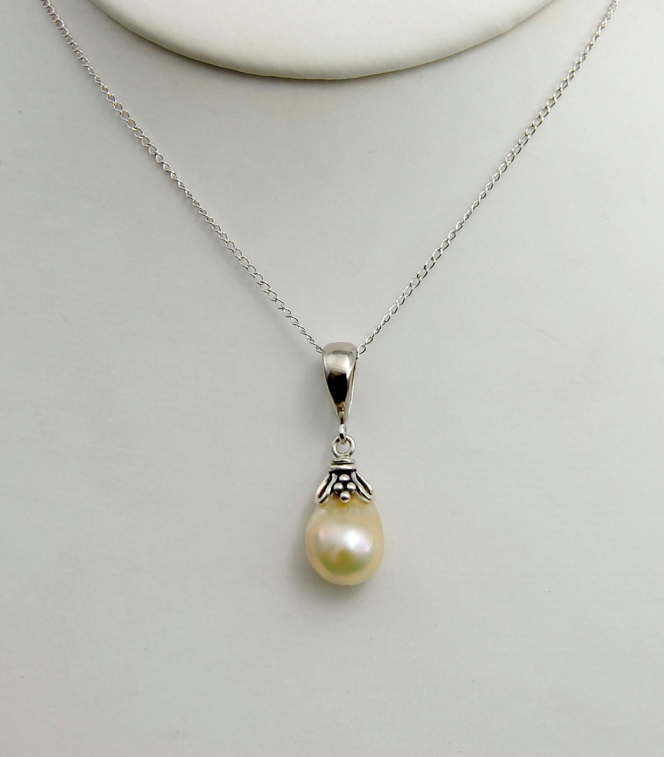 Perla - Freshwater Cream Nucleated Pearl Pendant Necklace, Solid Sterling Silver, FREE SHIP US