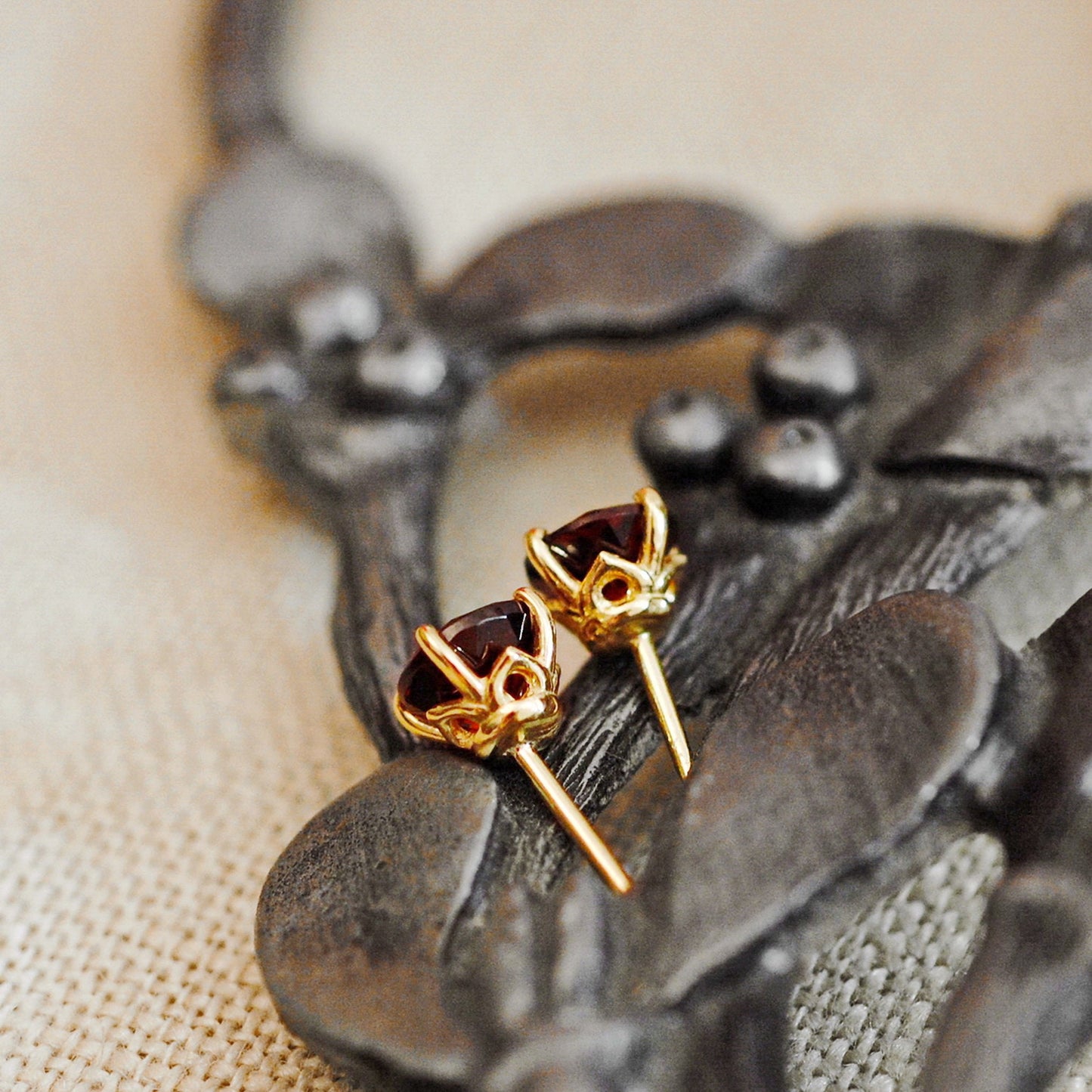 Nakhti - Garnet Stud Earrings Feature Richly Colored Garnet Gemstones Set in Solid 14kt Yellow Gold, FREE SHIP US