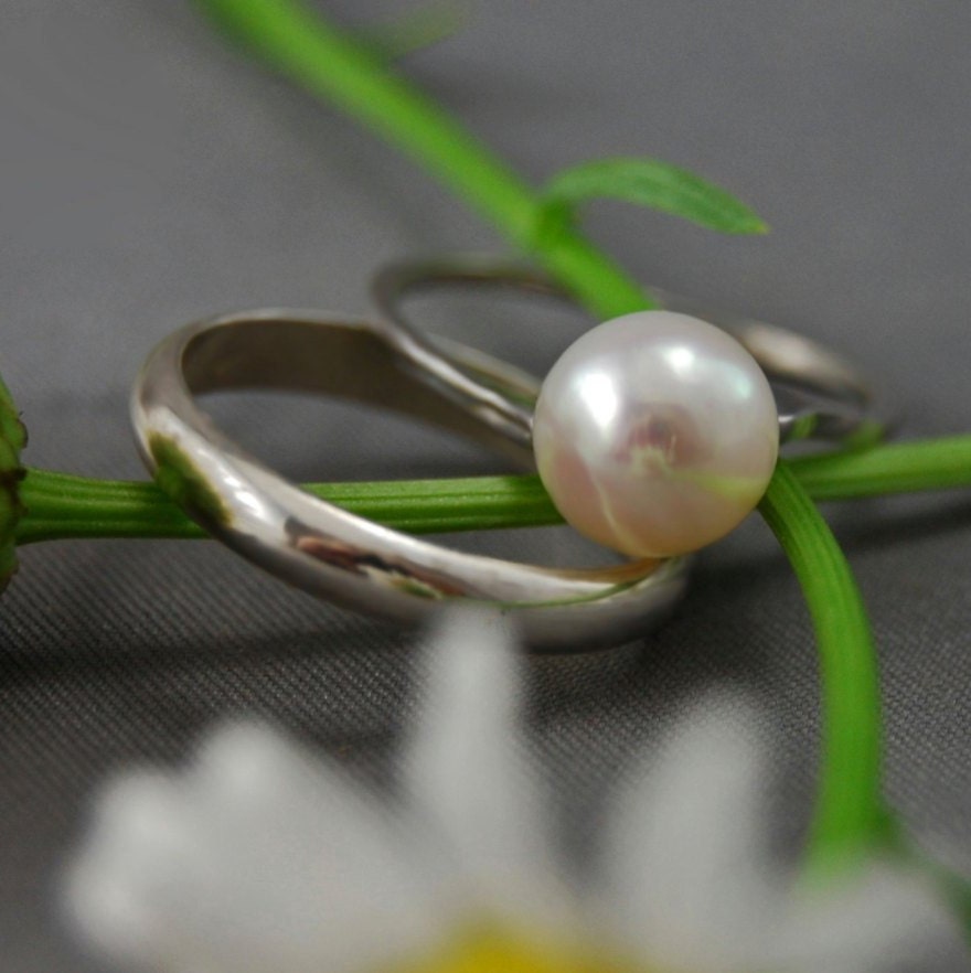 Amita - Pearl Engagement, Promise or Stacking Ring, Sterling Silver, FREE SHIP US