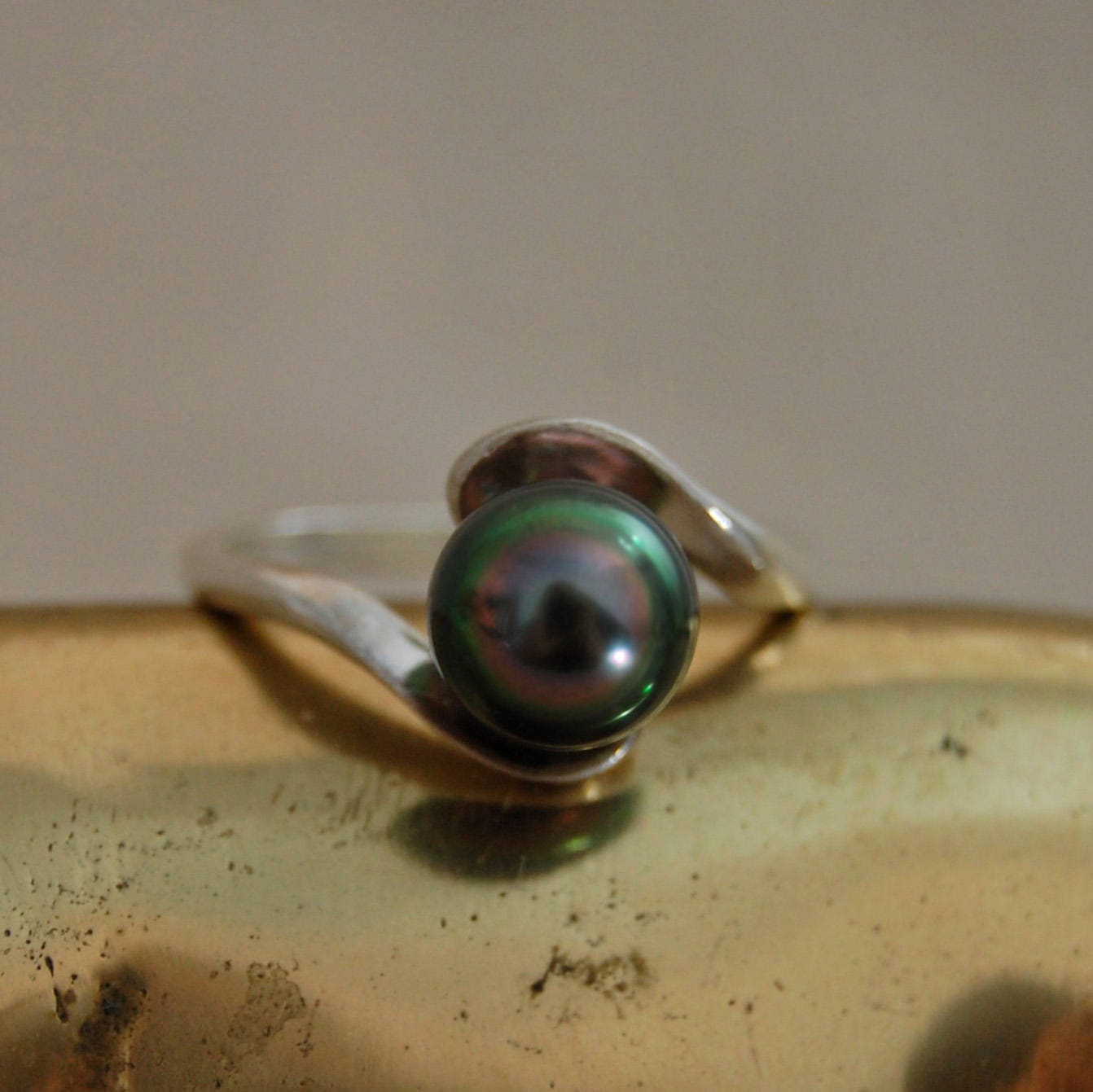 Delphine - Pearl Ring Features a Black Tahitian Pearl Set in Sterling Silver, FREE SHIP US