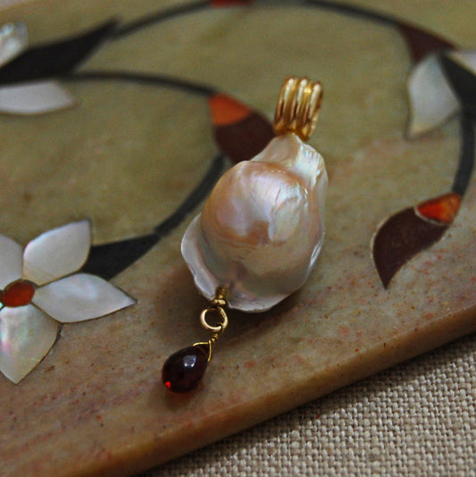 Avalon - 14k Gold Pearl Pendant Necklace with Garnet Accent. FREE SHIPPING US