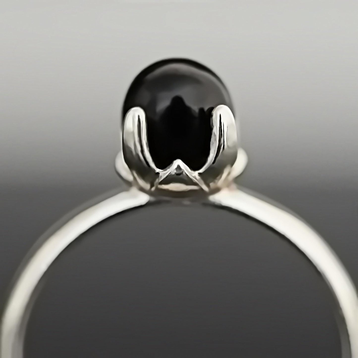 Asima - Black Onyx Ring Set in a Solid Easy Care Argentium® Silver Flower Setting. Solitaire Ring, Stacking Ring, Friendship Ring.