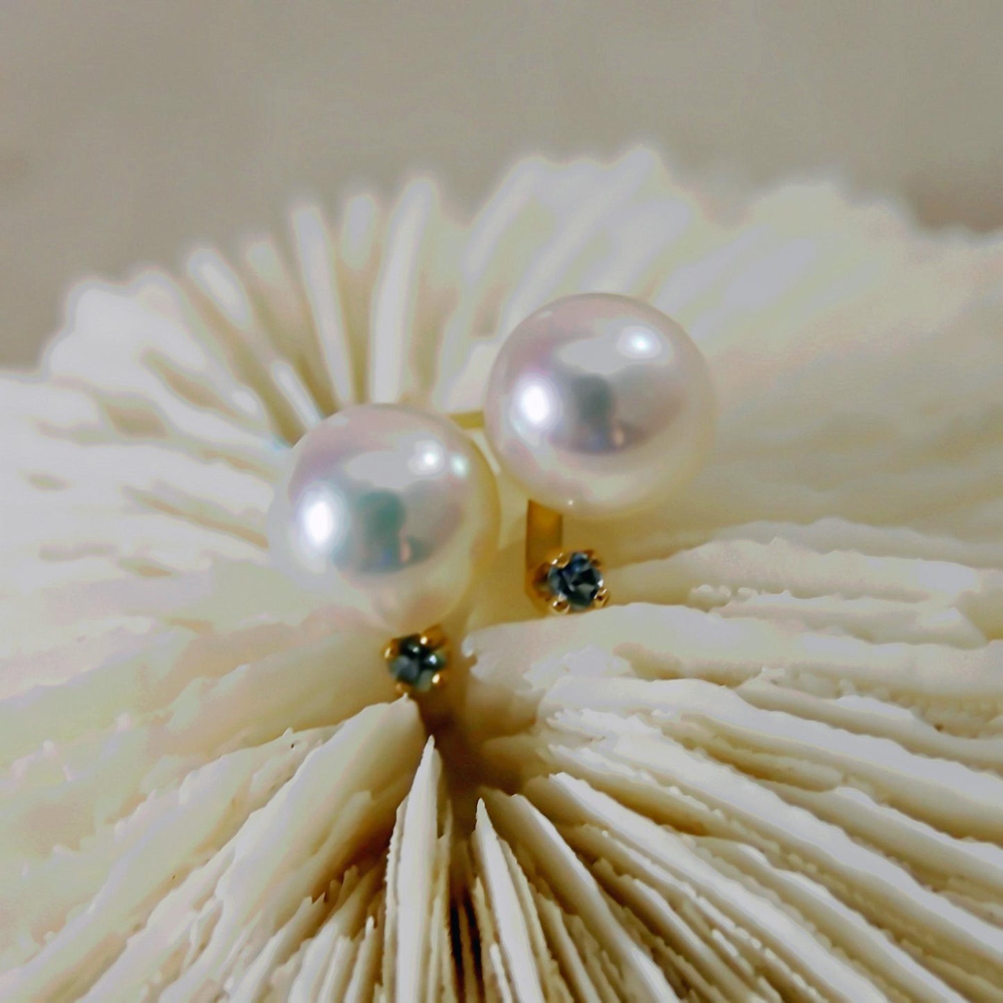 Neiva - Unique Freshwater Pearl Stud Earrings with Aquamarine Accents Set in Solid 14kt Gold, FREE SHIPPING US
