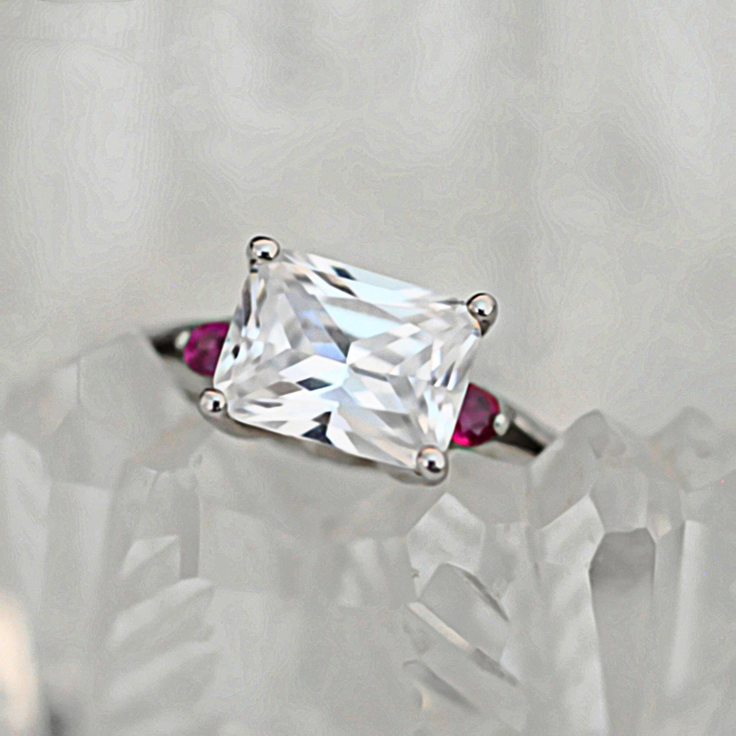 Calla - Elegant Diamond Substitute CZ, Emerald Cut Solitaire Engagement or Stacking Ring Set in Solid Sterling Silver. Free Shipping US.