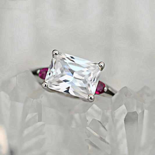 Calla - Elegant Diamond Substitute CZ, Emerald Cut Solitaire Engagement or Stacking Ring Set in Solid Sterling Silver. Free Shipping US.