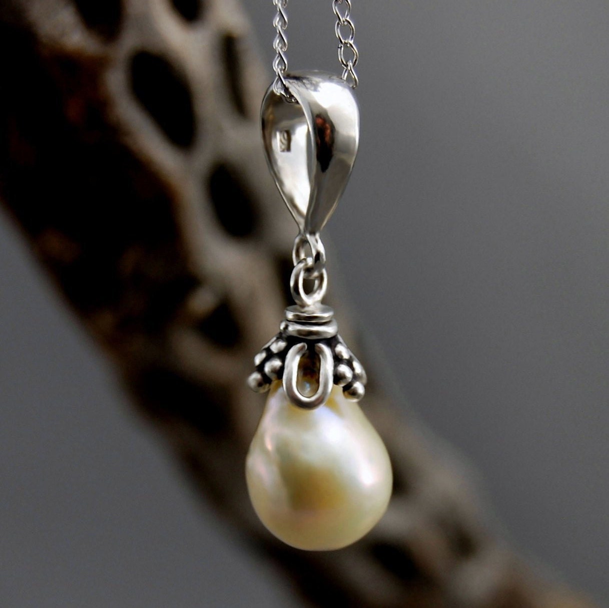 Perla - Freshwater Cream Nucleated Pearl Pendant Necklace, Solid Sterling Silver, FREE SHIP US