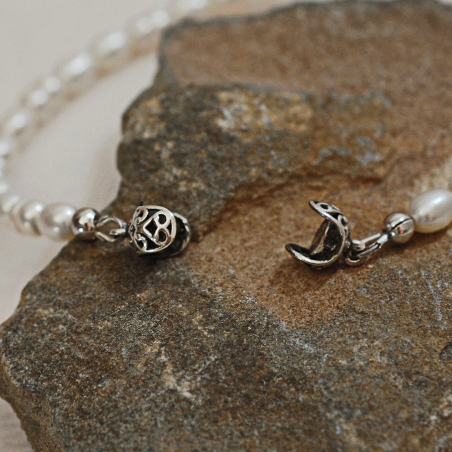 Lucy- Lovely White Freshwater Pearl Bracelet with Oxidized Sterling Silver Filigree Magnetic Clasp.