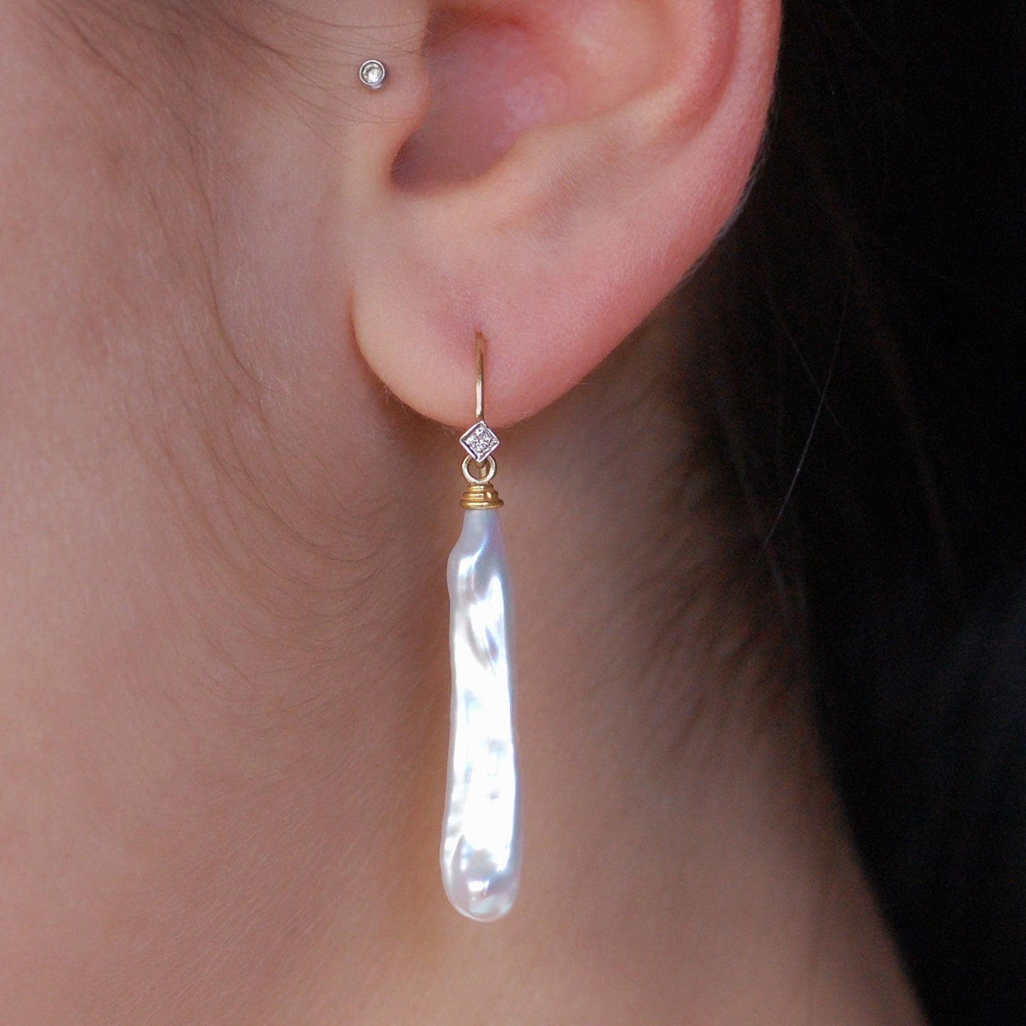 Lusca - Pearl Stick Drop Bridal Earrings Solid 14k Gold Diamond Accents FREE SHIPPING US