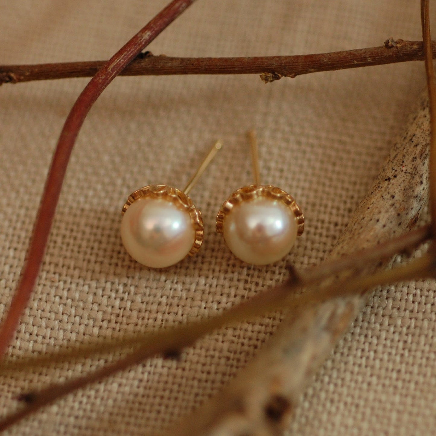 Grace - Pearl Stud Earrings, 14kt Gold Filigree, FREE SHIP US