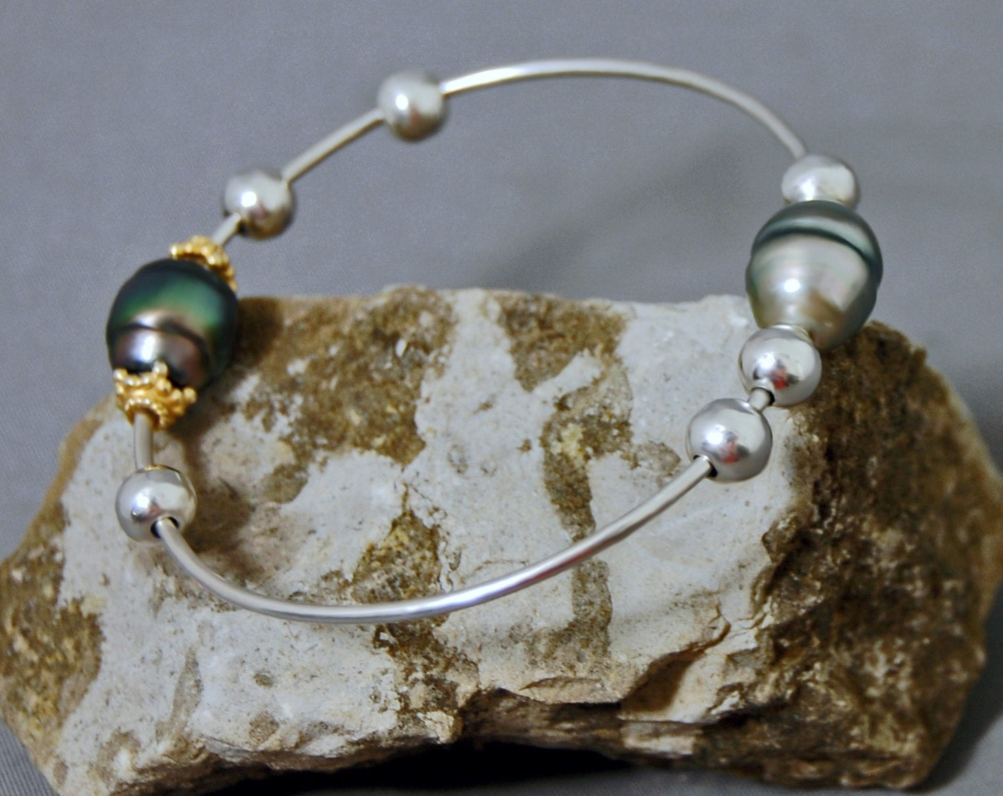 Lola - Pearl Bangle Bracelet Features Tahitian Pearls set on Argentium® Silver with Free Moving Accents, FREE SHIPPING US
