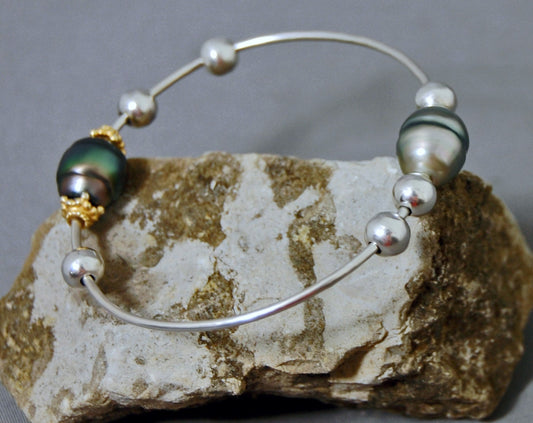 Lola - Pearl Bangle Bracelet Features Tahitian Pearls set on Argentium® Silver with Free Moving Accents, FREE SHIPPING US