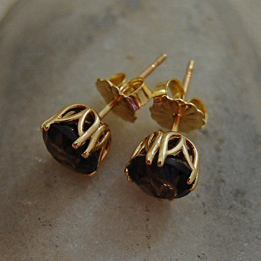 Cari - Smoky Quartz Stud Earrings Set in 14kt Gold, Scorpio Birthstone, FREE SHIPPING US