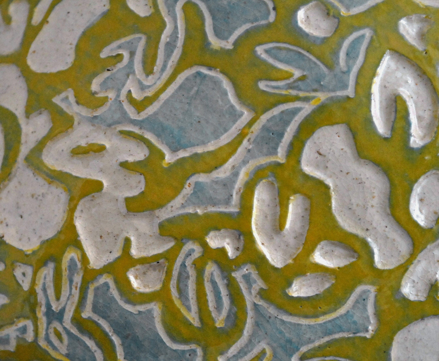 Shade Patterns - Ceramic Bowl hand carved with leaf patterns in blue and yellow.Food safe. FREE SHIPPING US.