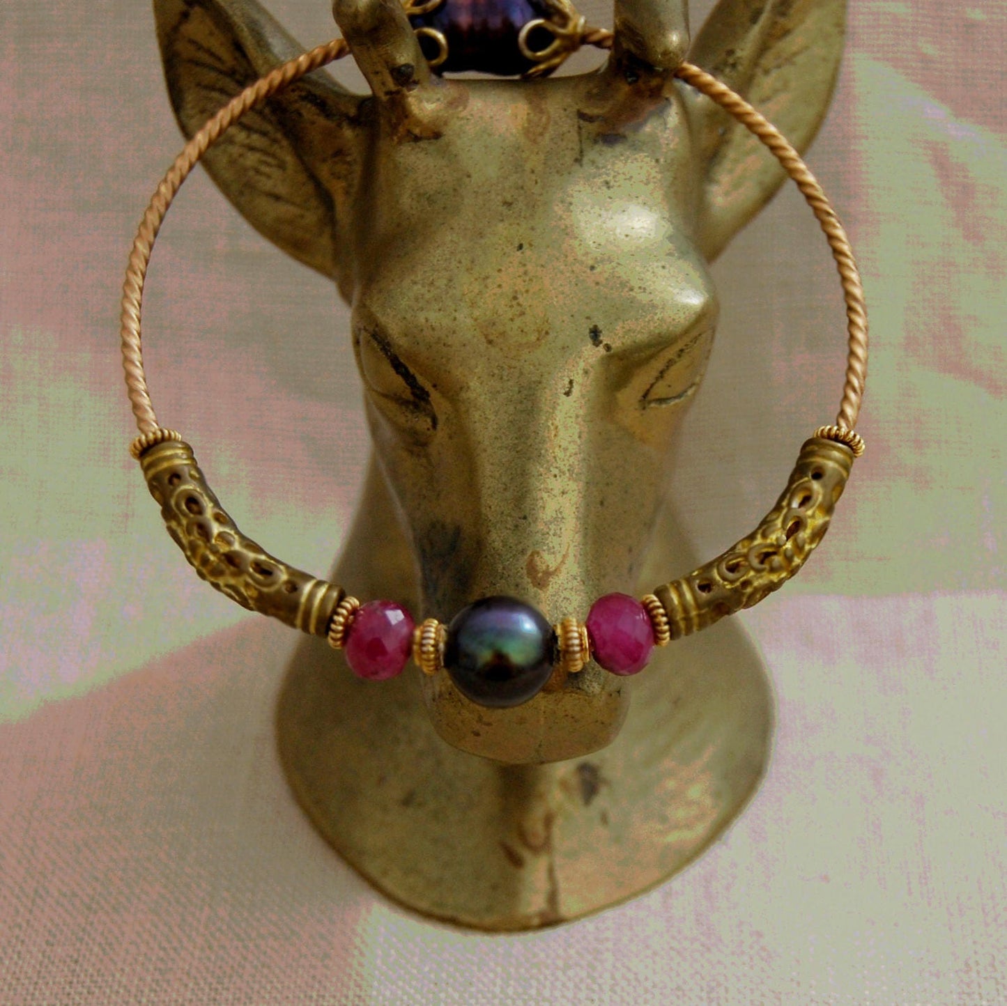 Elspeth - Vintage Pearl Sapphire Bronze Bangle, Peacock Pearls, Pink Sapphires, FREE SHIPPING US
