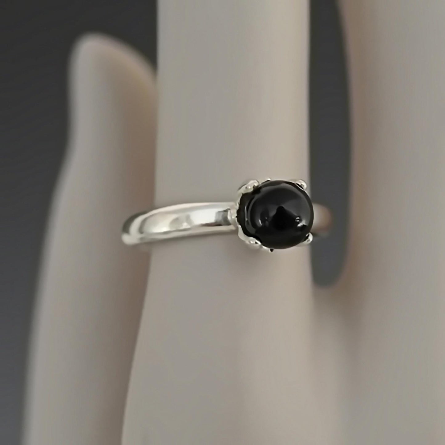 Asima - Black Onyx Ring Set in a Solid Easy Care Argentium® Silver Flower Setting. Solitaire Ring, Stacking Ring, Friendship Ring.